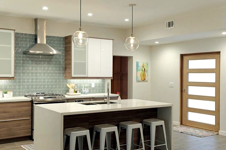 Arcadia kitchen remodel with island seating and modern front door