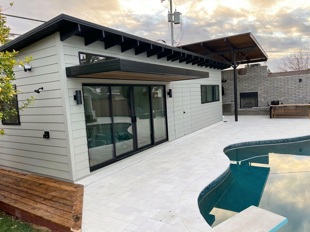 Residential backyard build with covered patio and pool
